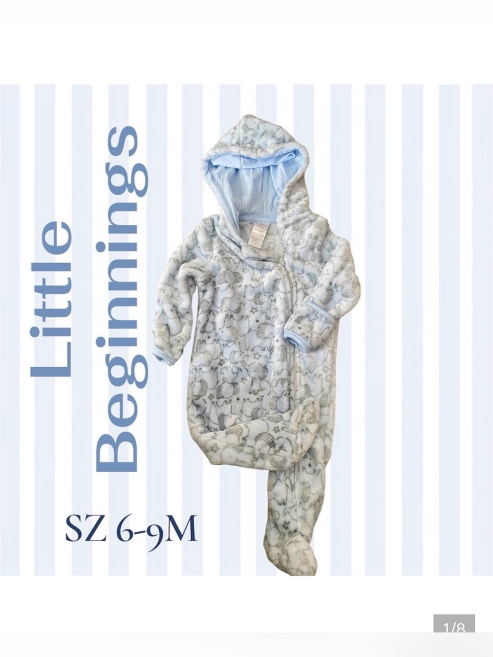 Little Beginnings Blue & Gray Baby Bodysuit Cozy comfort lil elephants 6-9M New